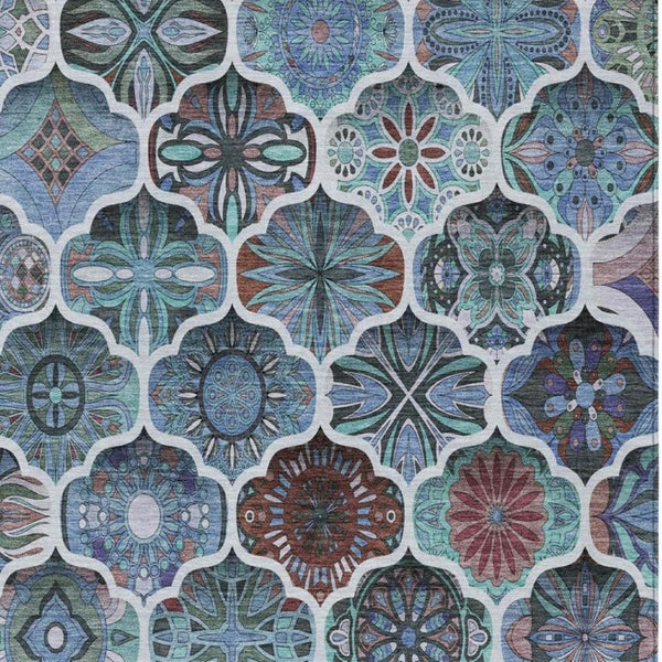 5x8 Teal Graphite Ogee Polyester Area Rug Washable Stain Resistant Indoor Outdoor