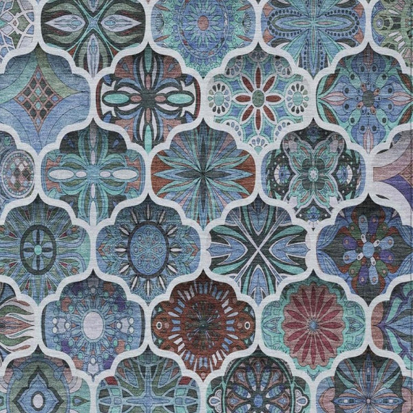 5x8 Teal Graphite Ogee Polyester Area Rug Washable Stain Resistant Indoor Outdoor