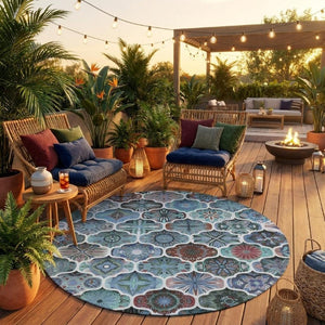 8 Ft Round Ogee Polyester Area Rug Washable Teal Graphite Indoor Outdoor Patio