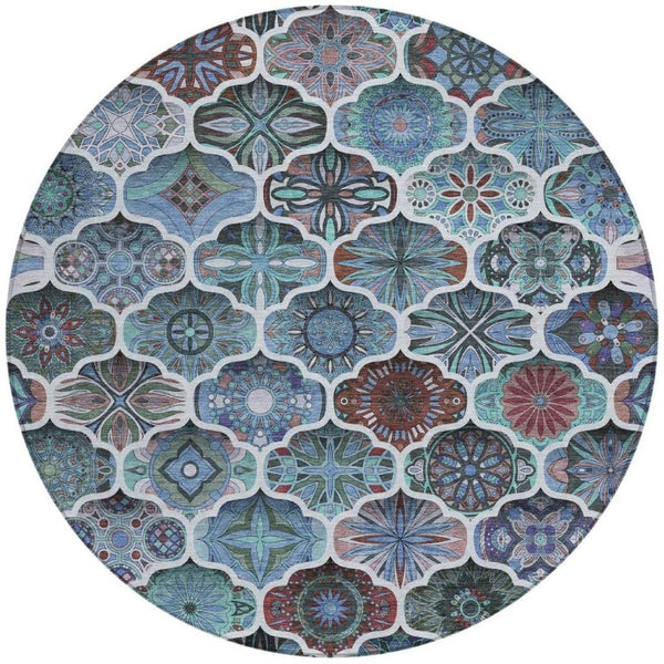 8 Ft Round Ogee Polyester Area Rug Washable Teal Graphite Indoor Outdoor Patio