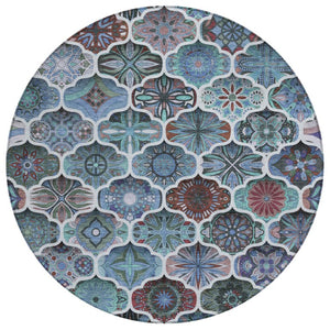 8 Ft Round Ogee Polyester Area Rug Washable Teal Graphite Indoor Outdoor Patio