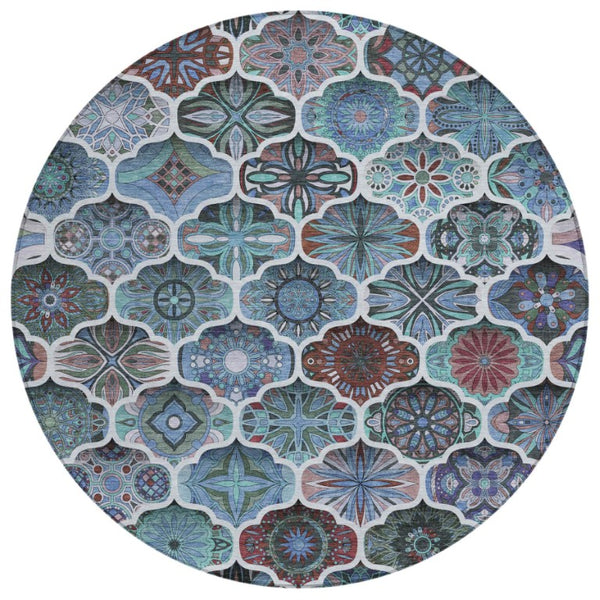 8 Ft Round Ogee Polyester Area Rug Washable Teal Graphite Indoor Outdoor Patio