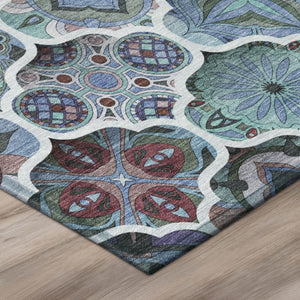 8 Ft Round Ogee Polyester Area Rug Washable Teal Graphite Indoor Outdoor Patio