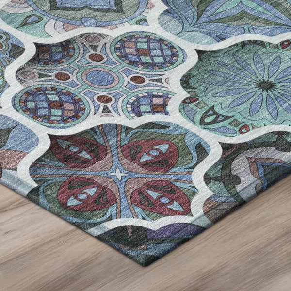 8 Ft Round Ogee Polyester Area Rug Washable Teal Graphite Indoor Outdoor Patio