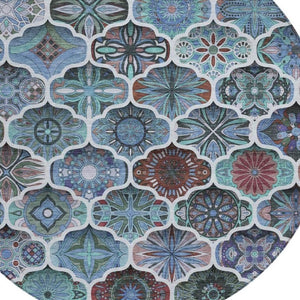 8 Ft Round Ogee Polyester Area Rug Washable Teal Graphite Indoor Outdoor Patio