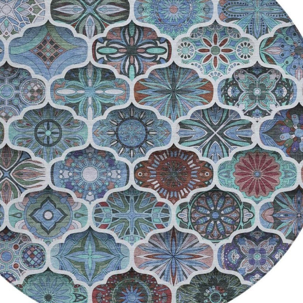 8 Ft Round Ogee Polyester Area Rug Washable Teal Graphite Indoor Outdoor Patio