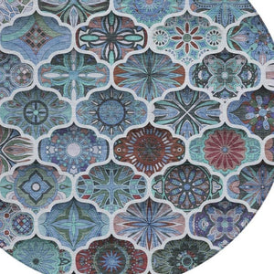 8 Ft Round Ogee Polyester Area Rug Washable Teal Graphite Indoor Outdoor Patio