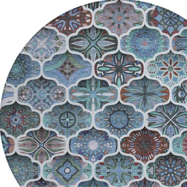 8 Ft Round Ogee Polyester Area Rug Washable Teal Graphite Indoor Outdoor Patio