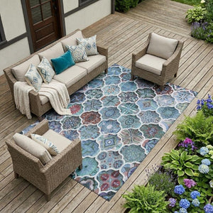 8 X 10 Teal Graphite Ogee Polyester Area Rug Washable Stain Resistant Indoor Outdoor