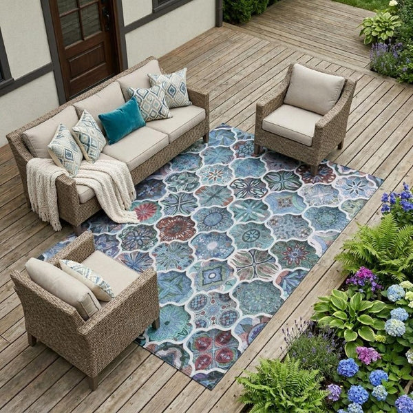 8 X 10 Teal Graphite Ogee Polyester Area Rug Washable Stain Resistant Indoor Outdoor