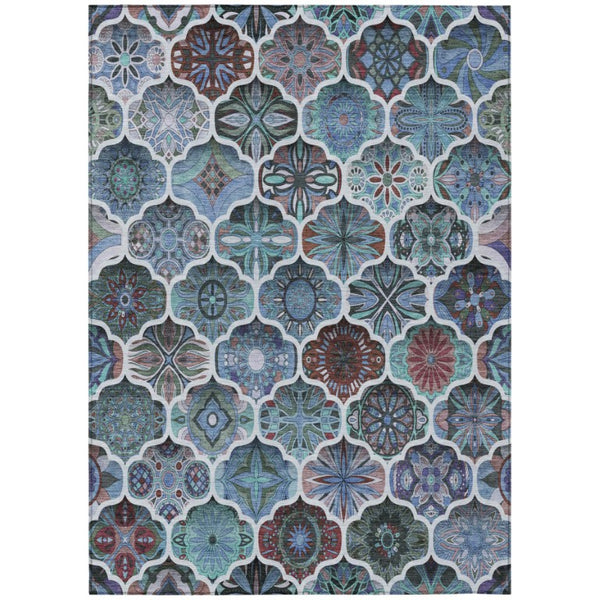 HomeRoots 8 X 10 Teal Graphite Ogee Polyester Area Rug Washable Stain Resistant Indoor Outdoor 746257