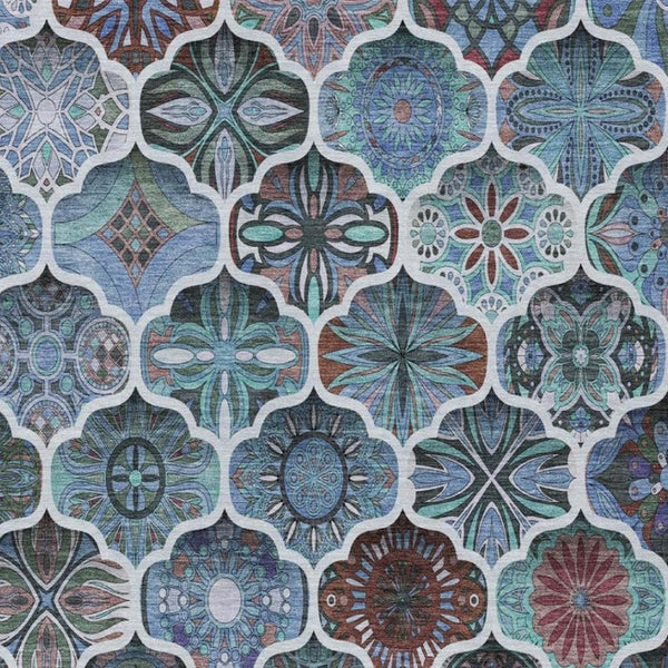 8 X 10 Teal Graphite Ogee Polyester Area Rug Washable Stain Resistant Indoor Outdoor
