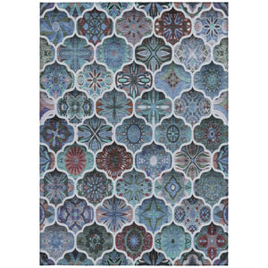 8 X 10 Teal Graphite Ogee Polyester Area Rug Washable Stain Resistant Indoor Outdoor