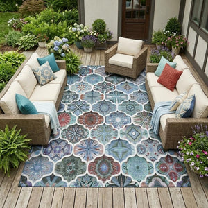 9 X 12 Teal Graphite Ogee Polyester Area Rug Stain Resistant Indoor Outdoor Use