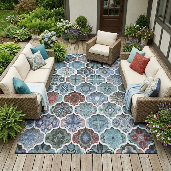 9 X 12 Teal Graphite Ogee Polyester Area Rug Stain Resistant Indoor Outdoor Use