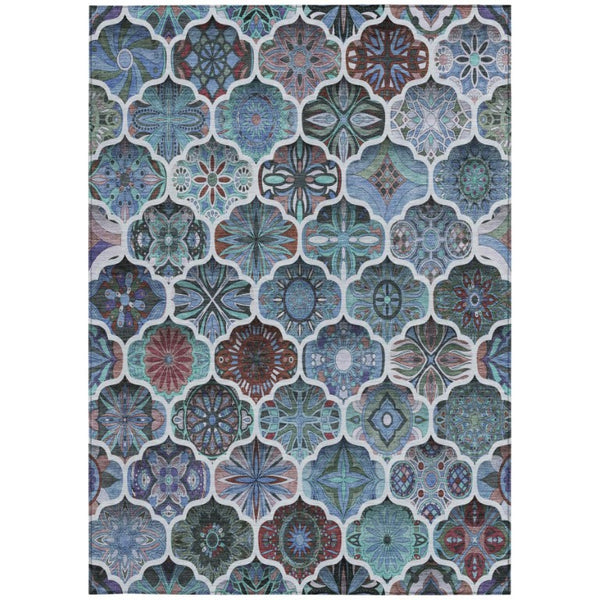 9 X 12 Teal Graphite Ogee Polyester Area Rug Stain Resistant Indoor Outdoor Use