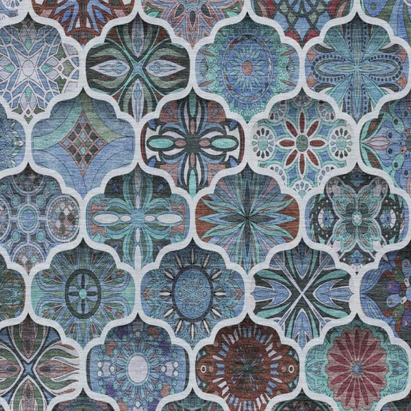 9 X 12 Teal Graphite Ogee Polyester Area Rug Stain Resistant Indoor Outdoor Use