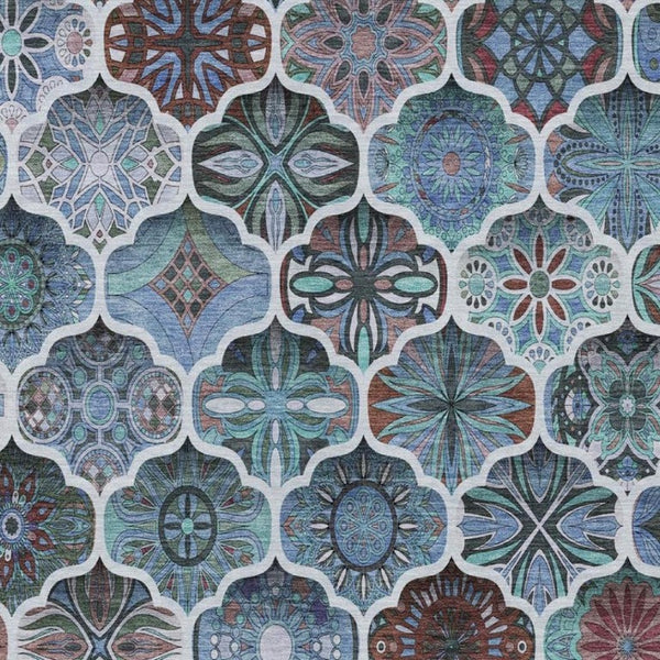 9 X 12 Teal Graphite Ogee Polyester Area Rug Stain Resistant Indoor Outdoor Use