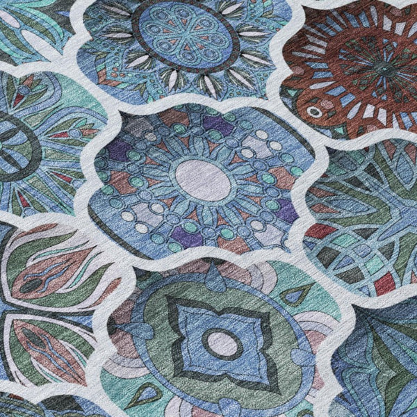 9 X 12 Teal Graphite Ogee Polyester Area Rug Stain Resistant Indoor Outdoor Use