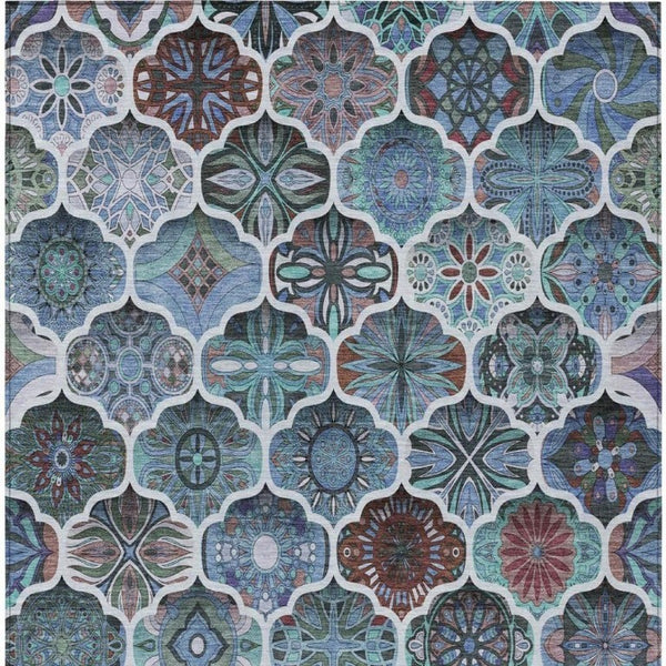 9 X 12 Teal Graphite Ogee Polyester Area Rug Stain Resistant Indoor Outdoor Use