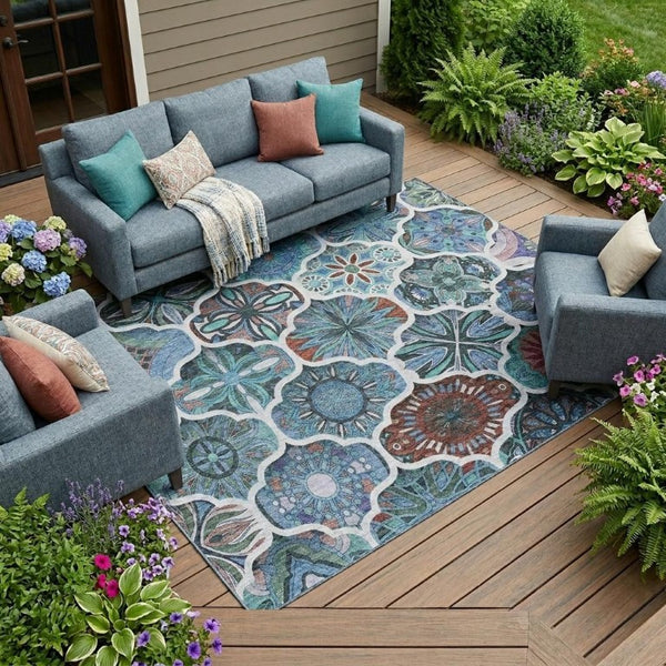 10 X 14 Teal Graphite Ogee Polyester Area Rug Washable for Indoor Outdoor Use