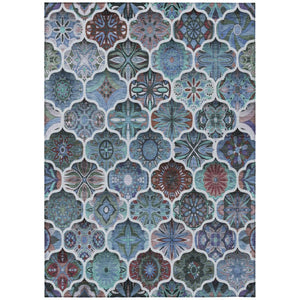 HomeRoots 10 X 14 Teal Graphite Ogee Polyester Area Rug Washable for Indoor Outdoor Use 746259