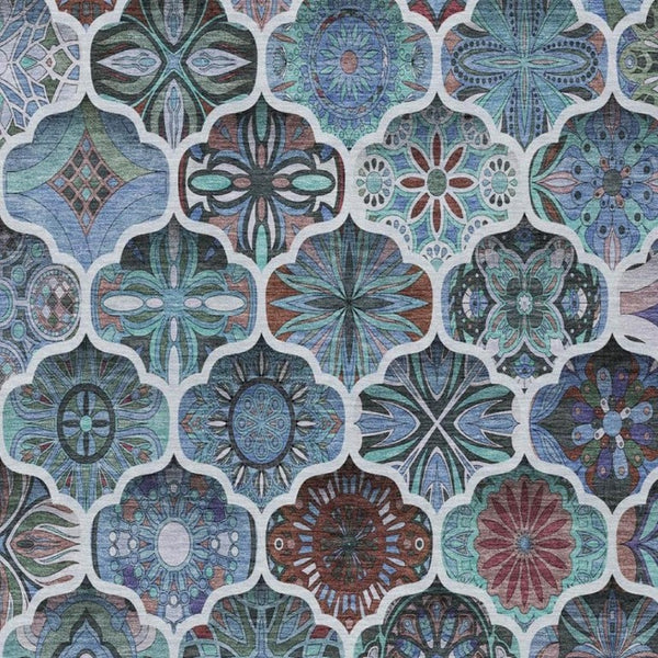 10 X 14 Teal Graphite Ogee Polyester Area Rug Washable for Indoor Outdoor Use