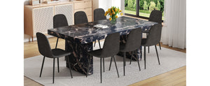 English Elm Table and Chair Set Seats Eight with Marble Pattern Mdf Top Brown Fabric Dining W1151S04133