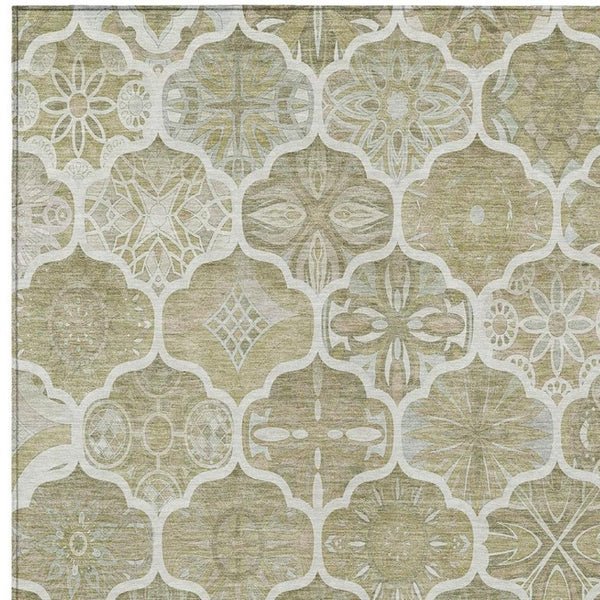 8 X 10 Taupe Brown Ogee Polyester Area Rug Washable Stain Resistant Indoor Outdoor