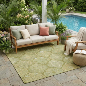 5x8 Green Gold Ogee Polyester Area Rug Washable Stain Resistant Indoor Outdoor