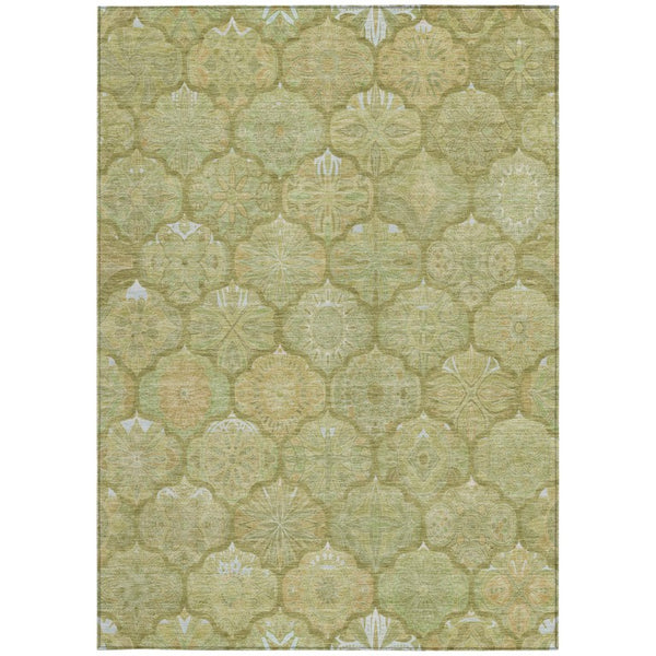 5x8 Green Gold Ogee Polyester Area Rug Washable Stain Resistant Indoor Outdoor