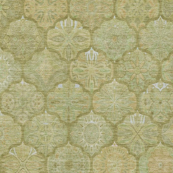 5x8 Green Gold Ogee Polyester Area Rug Washable Stain Resistant Indoor Outdoor