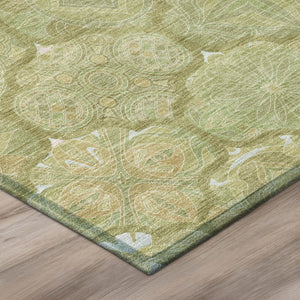 5x8 Green Gold Ogee Polyester Area Rug Washable Stain Resistant Indoor Outdoor