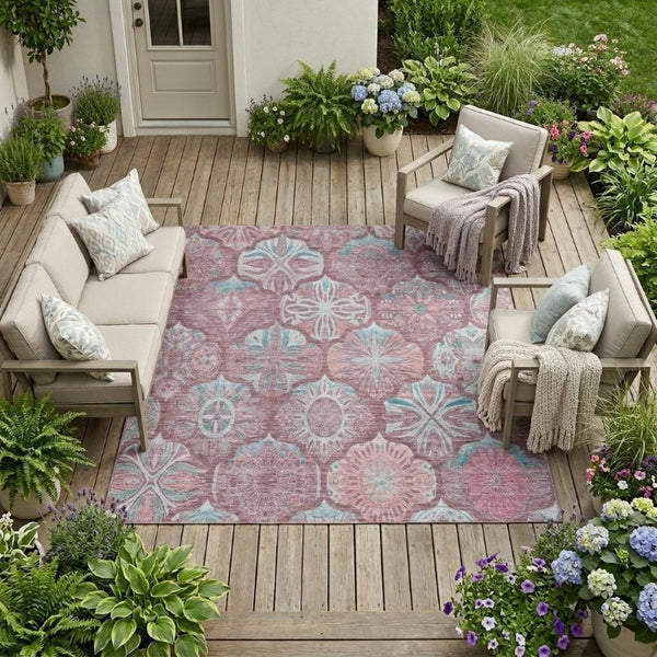 9 X 12 Blush Pink Ogee Polyester Area Rug Washable Stain Resistant Indoor Outdoor