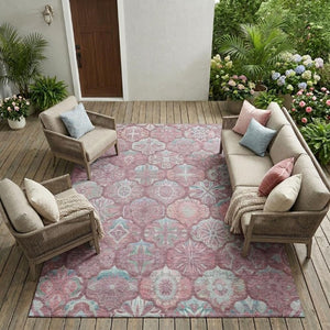 10 X 14 Blush Pink Ogee Polyester Area Rug Washable Stain Resistant Indoor Outdoor