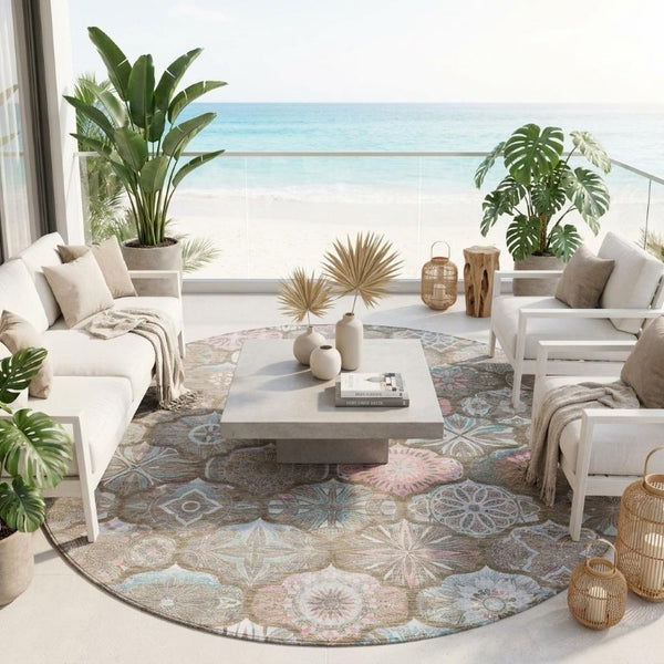 8 Foot Round Ogee Indoor Outdoor Rug Washable Polyester Stain Resistant Patio Decor