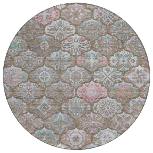 HomeRoots 8 Foot Round Ogee Indoor Outdoor Rug Washable Polyester Stain Resistant Patio Decor 746280