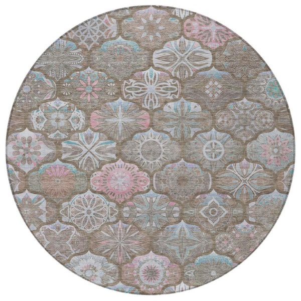 8 Foot Round Ogee Indoor Outdoor Rug Washable Polyester Stain Resistant Patio Decor