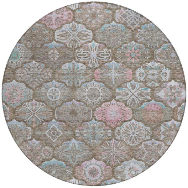 8 Foot Round Ogee Indoor Outdoor Rug Washable Polyester Stain Resistant Patio Decor