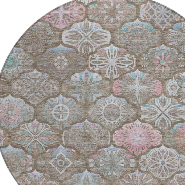 8 Foot Round Ogee Indoor Outdoor Rug Washable Polyester Stain Resistant Patio Decor