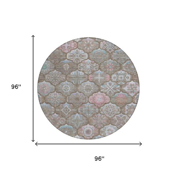 8 Foot Round Ogee Indoor Outdoor Rug Washable Polyester Stain Resistant Patio Decor
