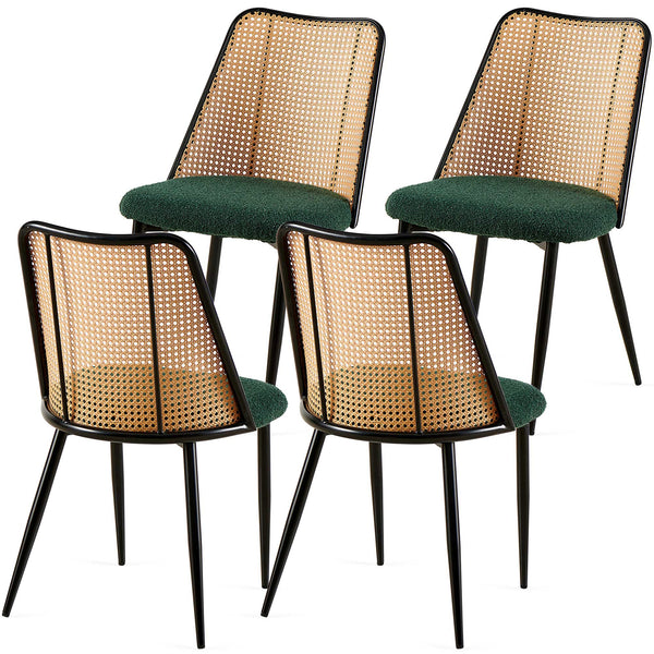 English Elm Green Rattan Dining Chairs Set Of 4 - Stylish Boucle Upholstered Seats With Natural Cane Backs W1164P218674