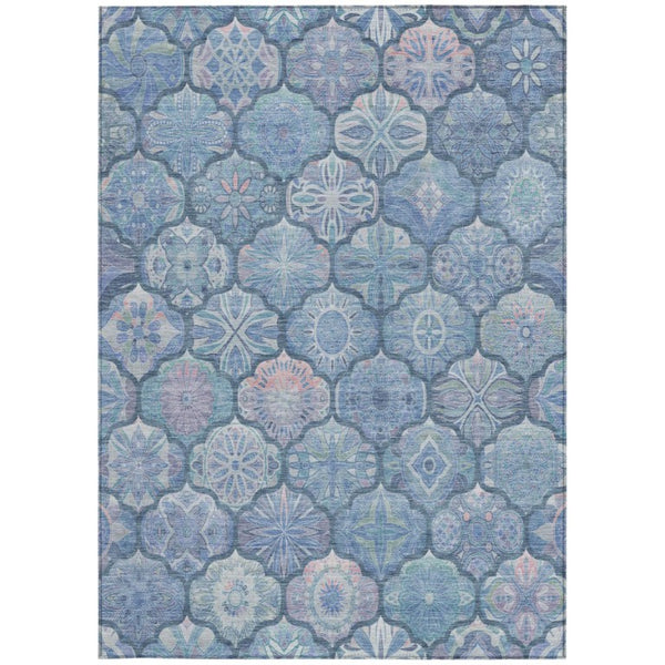 5x8 Denim Blue Ogee Polyester Area Rug Washable Stain Resistant Indoor Outdoor