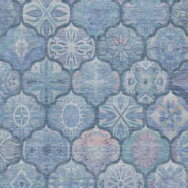 5x8 Denim Blue Ogee Polyester Area Rug Washable Stain Resistant Indoor Outdoor