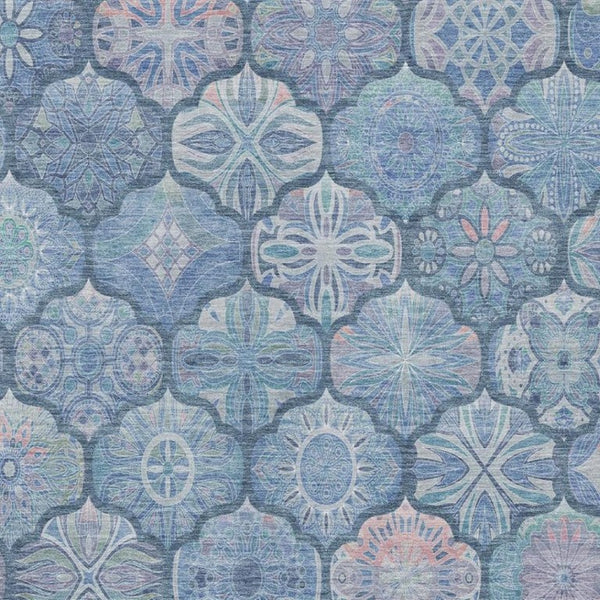 5x8 Denim Blue Ogee Polyester Area Rug Washable Stain Resistant Indoor Outdoor
