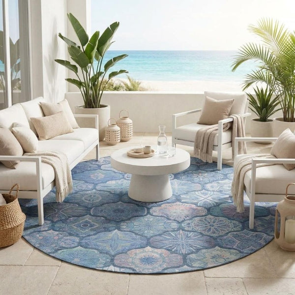8 Foot Round Ogee Polyester Area Rug Washable Denim Blue Indoor Outdoor Patio