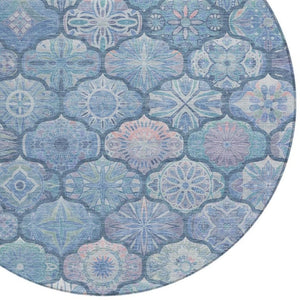 HomeRoots 8 Foot Round Ogee Polyester Area Rug Washable Denim Blue Indoor Outdoor Patio 746286