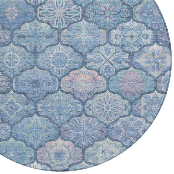 HomeRoots 8 Foot Round Ogee Polyester Area Rug Washable Denim Blue Indoor Outdoor Patio 746286