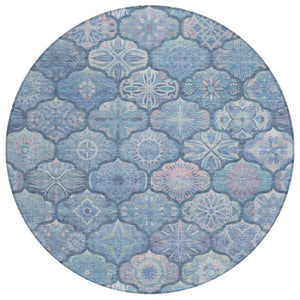 8 Foot Round Ogee Polyester Area Rug Washable Denim Blue Indoor Outdoor Patio