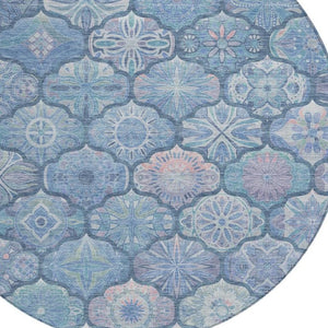 8 Foot Round Ogee Polyester Area Rug Washable Denim Blue Indoor Outdoor Patio